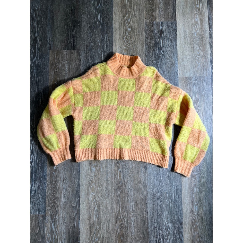 Unbranded Yellow Orange Checkerboard Mock Neck Fuzzy Knit Sweater Mens Womens‎